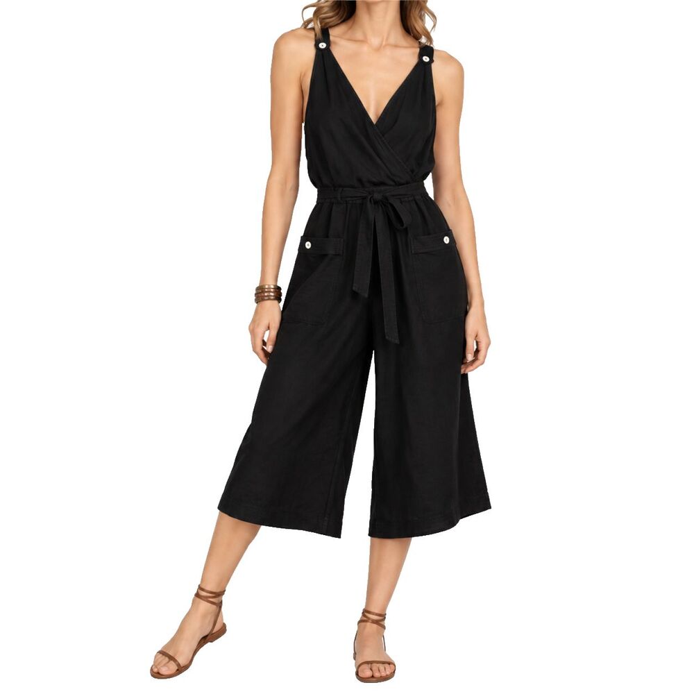 Elevenses Anthropologie Sable Jumpsuit 6 Black Cropped Wide Leg Adjustable Strap